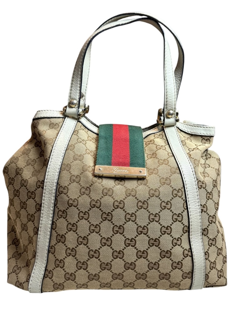 Gucci Web hobo Beige GG Canvas Tote with White Leather Trim and Web Stripe